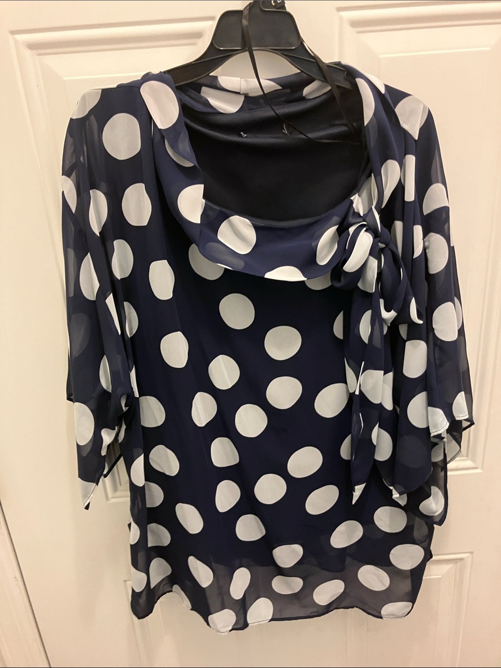 Navy and White Polka Dot Women’s Blouse with Scarf Detail